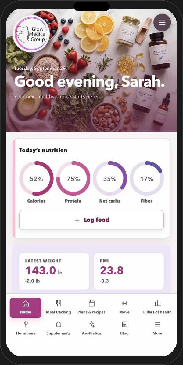 Glow Wellness Hub app home screen with nutrition tracking