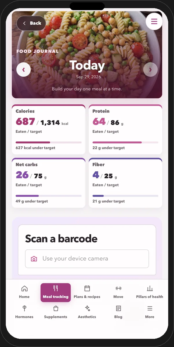 Glow Wellness Hub app food journal with macro tracking