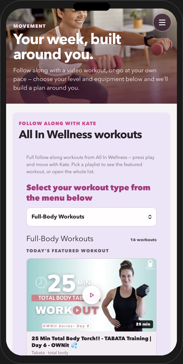 Glow Wellness Hub app workout programs with video demos