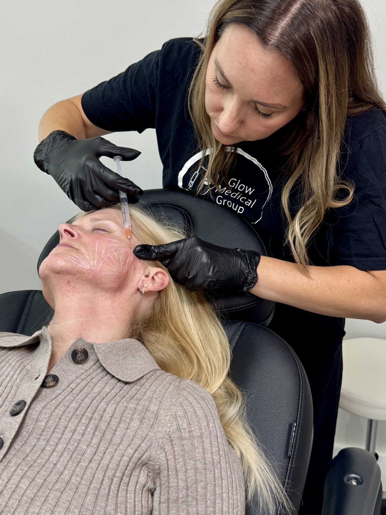 Sarah Jones, FNP-BC, mapping precise biostimulator placement at Glow Medical Group